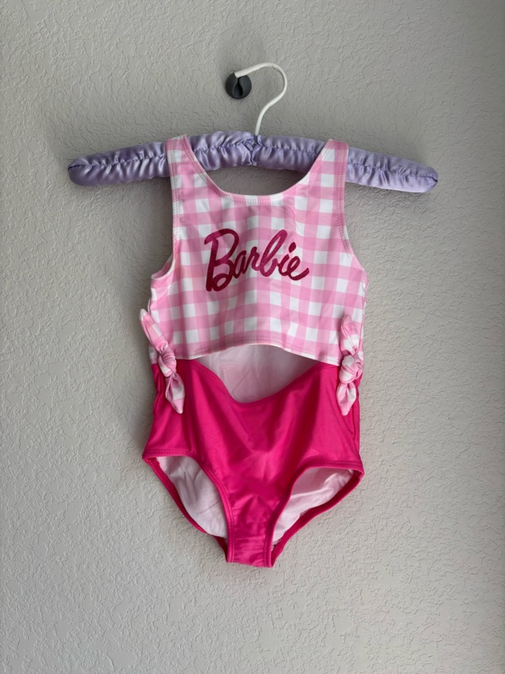 Barbie Pink Gingham Cutout One-Piece Swimsuit with Hot Pink Bottom